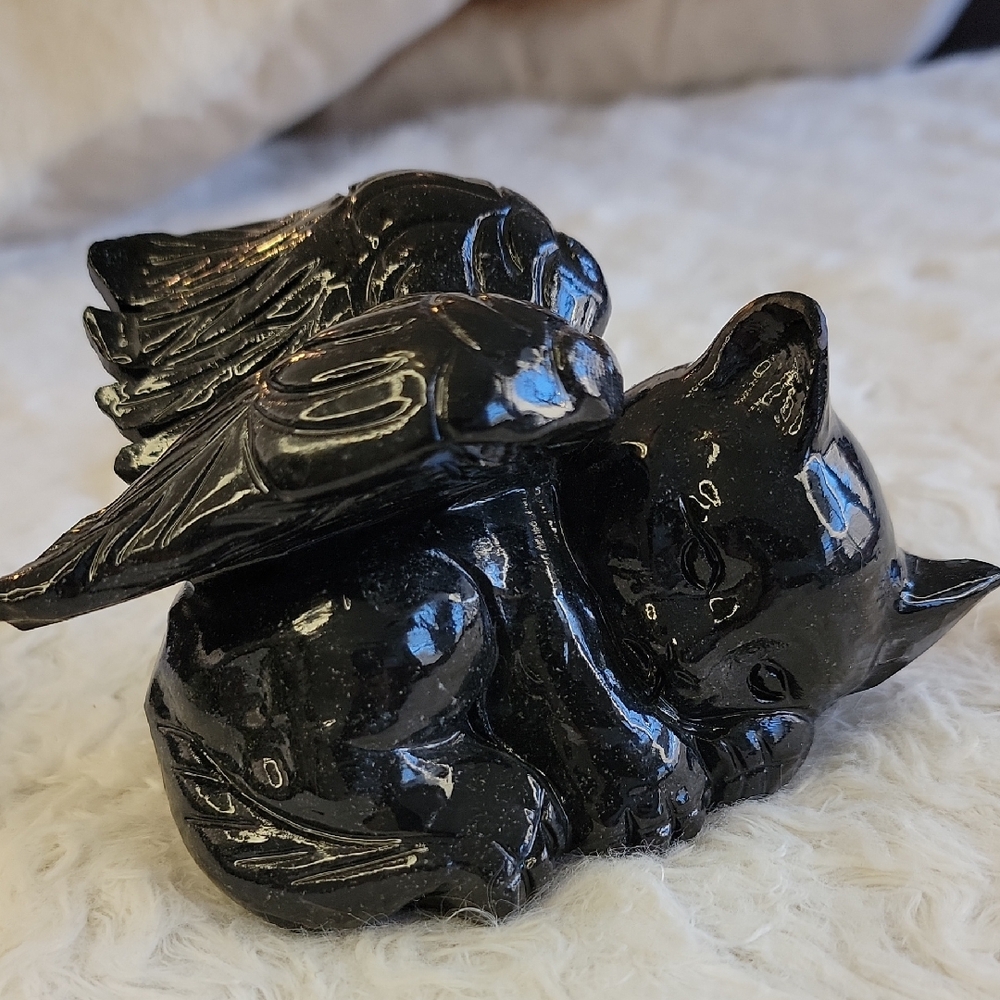 Black Tourmaline Guardian Angel Cat Natural Stone Carving